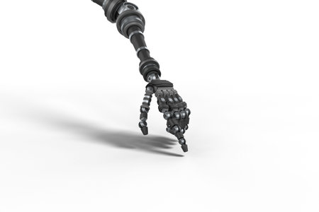 Gray metallic robotic arm gesturing on white backgroundの写真素材