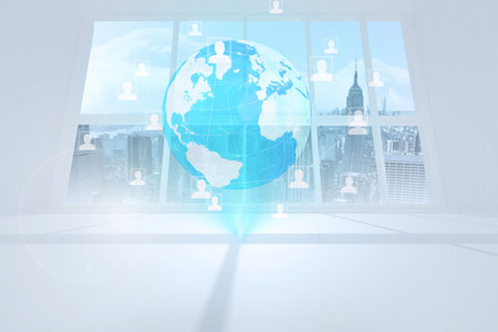 Flat design holographic globe is floating in modern office space, with user icons and network lines. Futuristic, technology, innovation, connectivity, urban, sleek, digitalの写真素材