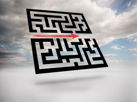 Digitally generated maze with arrow in skyの写真素材