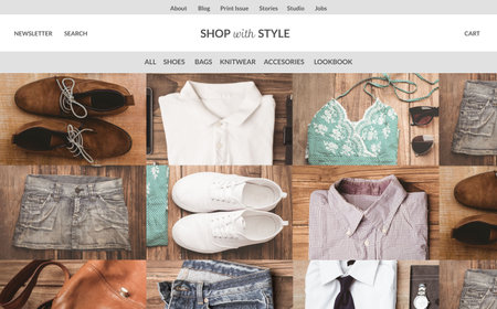 Displaying flat ecommerce layout with nav menus and nine-item flat-lay fashion grid on wooden plank. Minimalist, modern, stylish, commercial, fashion, lifestyle, organizedの写真素材