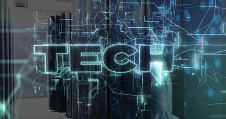 Displaying holographic 'TECH!' text floating in server room, with blinking rack doors and cables. Futuristic, technology, cybersecurity, digital, innovation, network, infrastructureの写真素材