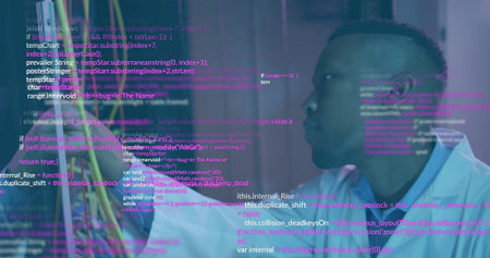 Inspecting scientist in lab coat examining wires on lab bench with code overlay, copy space....