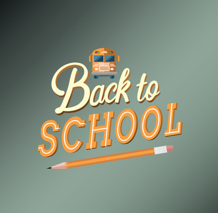 Back to School flat design is featuring type, yellow bus icon and pencil on green gradient. Vector...