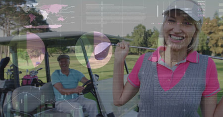 Standing woman in pink polo holding golf club on fairway, with cart and bag, copy space. Retirement, leisure, outdoor, activity, lifestyle, elegance, natureの写真素材