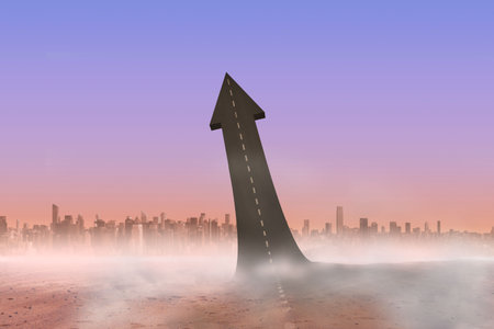 Arrow-shaped road with dashed centerline is rising in flat design cracked earth, misty city skyline. Arid, panoramic, minimalist, futuristic, geometric, landscape, urbanizationの写真素材