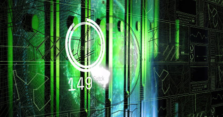 Displaying gauge showing numeric display 149 on control center screen, with globe over map grid....