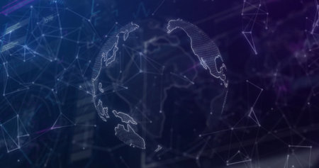 Displaying wireframe globe pulsing in virtual environment, with network nodes and digital mesh. Futuristic, technology, digital, network, connectivity, abstract, cyberの写真素材
