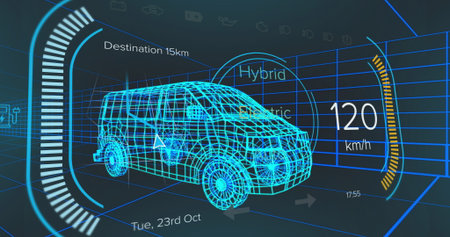 Displaying 3D blue wireframe van model on digital dashboard interface, hybrid electric mode icon. Futuristic, technology, interface, vehicle, digital, analytics, innovationの写真素材
