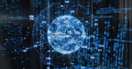 Projecting holographic globe illuminating 3D data visualization, sending code fragments and metrics....