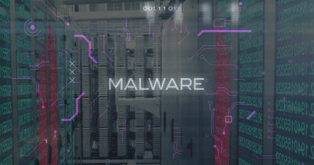 Displaying MALWARE text floating in data center aisle, with server racks blinking LEDs and overlays....