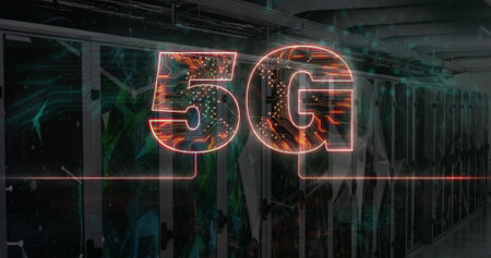 Glowing circuit-patterned 5G symbol casting red beam along corridor, highlighting server cabinets. Technology, networking, data center, futuristic, digital, infrastructure, connectivityの写真素材