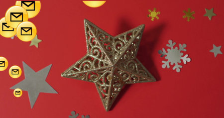 Featuring gold glitter star ornament on red table, with silver cutouts and yellow envelope icons....