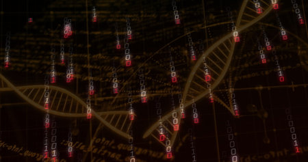 Showing golden DNA double helix winding across dark digital field with binary streams and code text....