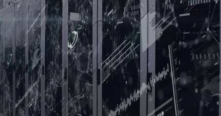 Displaying server cabinets showing data flow graphics in data center aisle, with LED lights....