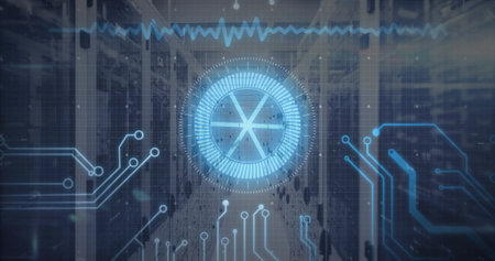 Glowing circular HUD floating in data center aisle, with server racks, circuit traces, waveform....