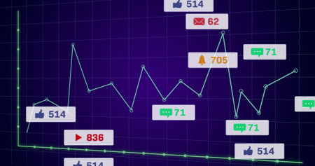 Displaying green line graph markers on purple dashboard with likes views mail alerts chat icons....