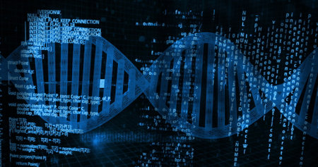 Glowing stylized DNA double helix rotating above grid floor, with floating code snippets....