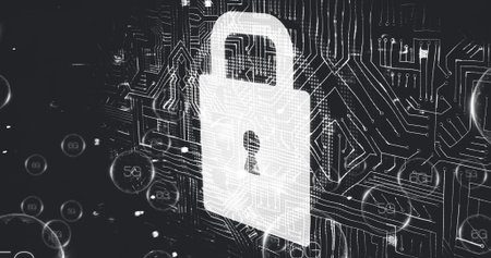 Glowing padlock icon floating above circuit board, showing 5G spheres highlighting network security....