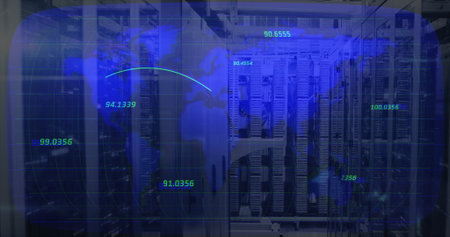 Semi-transparent blue overlay projecting world map and data in data center aisle, with server racks....