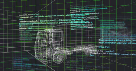 Displaying wireframe semi-truck floating in virtual 3D workspace, with green grid and code snippets. 3d modeling, digital illustration, futuristic, technology, engineering, animation, virtual realityの写真素材