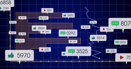Showing metrics on screen, featuring grid, yellow axes, orange bars, dotted trendline, bubble icons....
