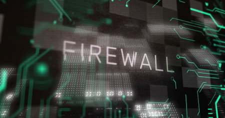 Displaying FIREWALL with floating dot matrix blocks and neon-green circuitry in network interface....