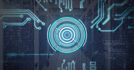 Displaying central circular HUD interface in data center corridor, with circuit patterns and grid. Futuristic, technology, interface, digital, cybersecurity, network, high-techの写真素材