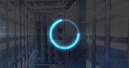 Displaying translucent blue loading graphic pulsing along server racks aisle, with network cables....