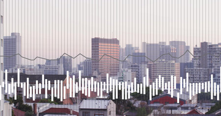 Displaying urban skyline from roof with vertical bar chart and line chart overlays and grid lines. Metropolitan, analytics, data visualization, modern, electronic, financial, digitalの写真素材