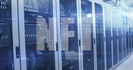 Lining server racks displaying network cables and blinking LEDs in server room aisle, HFT overlay....