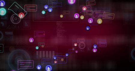 Displaying floating chat bubbles and user icons in red interface with data overlays and connections. Digital, technology, vibrant, networking, interface, communication, dataの写真素材