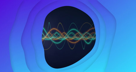 Rendering dark navy oval opening framing abstract tunnel, rippling neon-green and orange waveforms....