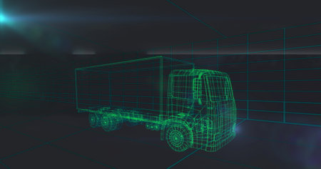 Displaying green wireframe 3D semi-truck model in dark virtual teal grid environment, lens flare. Technology, engineering, design, 3d modeling, industrial, conceptual, digitalの写真素材