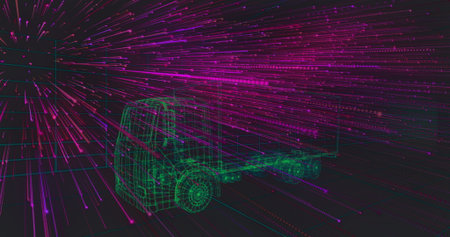 Floating wireframe semi-truck rising above virtual grid with neon data stream streaks, copy space. Futuristic, technology, transportation, digital, cyber, innovation, high-techの写真素材