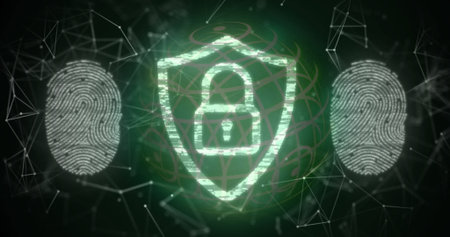 Displaying green shield icon glowing in digital network environment, with white fingerprint scans. Cybersecurity, digital security, futuristic, technology, protection, encryption, data privacyの写真素材