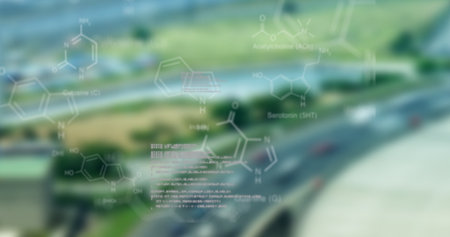 Overlaying molecular diagrams and code lines over aerial highway lanes, data visualization. Tech, data, visualization, analytical, futuristic, infrastructure, scienceの写真素材