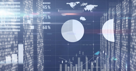 Showing finance dashboard in virtual interface with pie chart, bar graphs and world map icons. Technology, data, analytics, finance, digital, futuristic, visualizationの写真素材