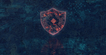 Glowing neon circuit shield icon floating above reflective surface in digital, with microchip. Futuristic, cybersecurity, technology, digital, abstract, innovation, protectionの写真素材