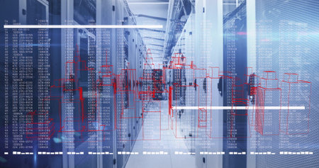 Walking technician navigating aisle between server racks, with floating data and schematic overlays....