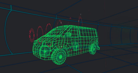 Displaying green wireframe van model in 3D tunnel, showing teal grid-lined walls and red rings. Futuristic, technology, innovation, digital, blueprint, schematic, virtualの写真素材
