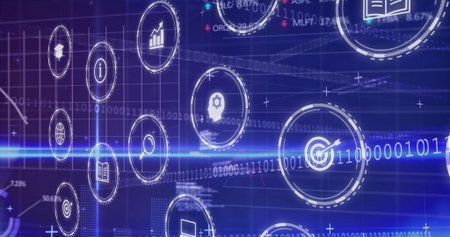 Displaying circular icons moving across blue interface backdrop, with binary grid and light beam....