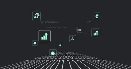 Displaying binary grid in virtual interface, with floating volcano icon and bar-chart indicators....