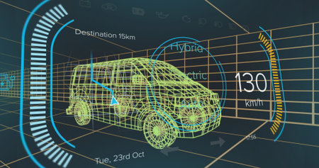 Displaying 3D wireframe van projecting within virtual simulation, with HUD arrow and speedometer. Technology, visualization, futurism, automotive, interface, innovation, dataの写真素材