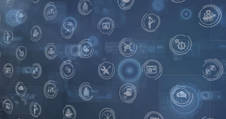 Dark blue digital interface displaying floating panels linked by thin lines, tech icons, copy space. Technology, innovation, connectivity, data, analytics, cybersecurity, digitalの写真素材