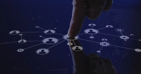 Touching man's index finger using touchscreen in digital interface, with silhouette icons and lines....