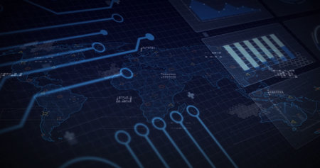 Displaying holographic world map overlay on control panel, with blue circuit lines and data panels....
