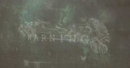 Displaying circuit-trace motif in abstract digital composition, highlighting WARN fragment. Futuristic, technology, digital, glitch, abstract, cybersecurity, innovationの写真素材