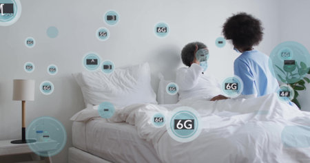 Reclining patient receiving care from caregiver in scrubs on bed in bedroom, with 6G icons....
