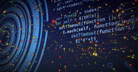 Lines of code floating over 3D grid space, with circular HUD, glowing nodes, connecting lines....