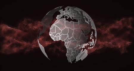 Spinning 3D globe showing white continent outlines in dark virtual space, with red wave mesh....